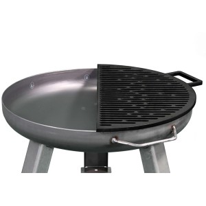 Buschbeck öntöttvas grillrács, félkör alakú rács tűzrakó tálhoz Ø 55 cm, öntöttvas fogantyúval.