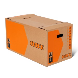 OBI költöztető doboz L, 80 l, terhelhetőség 30 kg-ig, fogantyúkkal és feliratozási mezőkkel.