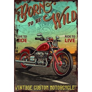 Dekoratív fém tábla piros motorkerékpárral és "Born to be Wild" felirattal.
