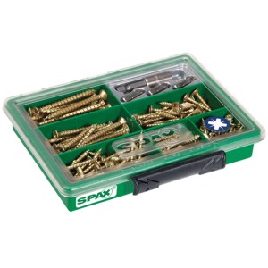 Spax Assorter sárga keresztfejű csavarokkal és bitekkel zöld rendeződobozban.