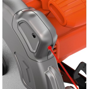 A Black+Decker CS1250L kézi körfűrész közeli képe lézerrel
