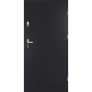 Modern szürke bejárati ajtó ezüst fogantyúval és design elemekkel.