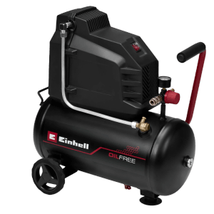 Fekete Einhell kompresszor TC-AC 190/24/8 I OF, olajmentes, kerekekkel, piros fogantyúval, nyomásmérővel.