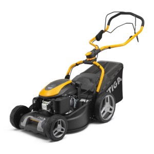 Stiga Combi 753 SE benzinmotoros fűnyíró elektromos indítással és kerékhajtással, fekete/sárga.