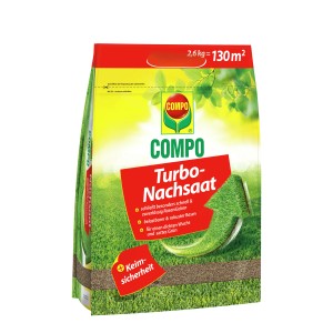 Compo Turbo fűmag 2,6 kg-os csomag a gyors gyepjavításhoz és a sűrű, zöld gyephez.