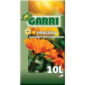 Univerzális virágföld csomagolása körömvirággal és 10L jelzéssel.