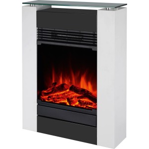 Modern fehér Glasbury Fire elektromos kandalló fekete üveg előlappal, LED lánghatással és fa megjelenéssel.
