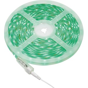 Feltekert 10 m-es RGB LED flexibilis szalag távirányítóval, zölden világít.