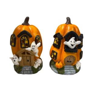 Két Boltze Ghostie dekorfigura: narancssárga tökházak szellemekkel, koponyákkal. Kézzel festett Halloween díszek.