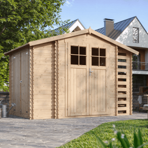 Timbela fa kerti ház M389F, bézs-barna, 5,47 m², két oldalsó tárolórésszel.