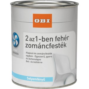OBI 2in1 fehér zománcfesték doboz, selyemfényű, 2,5 l. Alapozó és festék egyben.