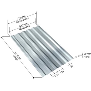 Weckman horganyzott acél trapézlemez, 1250x776 mm, részletes nézet méretekkel.