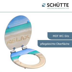 Schütte WC ülőke Relax strand mintával és lassú záródással. Fa magos WC ülőke standard WC-hez.