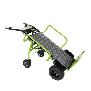 Zöld-fekete Zipper ZI-ET260 elektromos molnárkocsi bordázott platóval és nagy kerekekkel, terhekhez.
