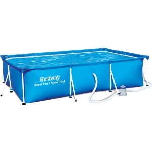 Téglalap alakú Bestway Steel Pro acélvázas medence, kék, szűrőszivattyúval.