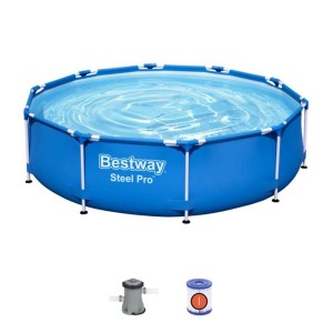 Kék Bestway Steel Pro medence szűrőszivattyúval és szűrőbetéttel.