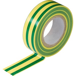 Zöld-sárga szigetelőszalag, 25 mm x 10 m, elektromos szerelésekhez.