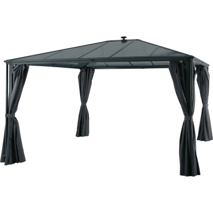 Antracit színű New Harmony pavilon 300x360 cm oldalfalakkal és polikarbonát tetővel.