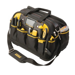 Stanley FatMax FMST1-73607 szerszámos táska, fekete szerszámos táska sárga díszítéssel és sok rekesszel.