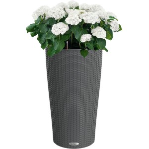 Lechuza Cilindro Cottage virágtartó, gránit, Ø 32 cm, öntözőrendszerrel és fehér hortenziával.
