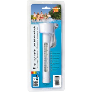 Summer Fun Basic úszó hőmérő blisztercsomagolásban, fehér medencehőmérő jól olvasható skálával.