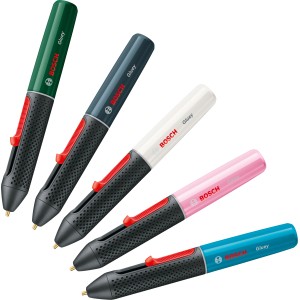 Bosch Gluey hőolvadó ragasztópisztolyok különböző színekben: zöld, szürke, fehér, rózsaszín és türkiz.