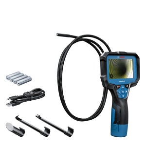 Bosch GIC 12V-4-23 C vizsgáló kamera tartozékokkal, mint például horog, mágnes és USB kábel.