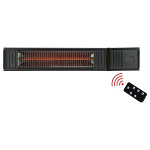 Fekete 2000W-os infravörös hősugárzó távirányítóval, falra vagy mennyezetre szerelhető.