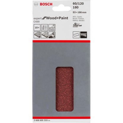 Bosch csiszolólap készlet, 93x186mm, 60/120/180 szemcseméret, rezgőcsiszolókhoz.