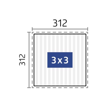Négyzet alakú Biohort 3x3 m-es pergola kvarc fehér színben, sematikus nézet méretekkel.