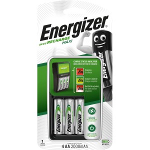 Energizer Maxi töltő 4 db AA 2000mAh akkumulátorral, ideális NiMH akkumulátorok gyors töltéséhez.