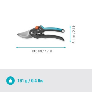 Gardena PremiumCut Flex bypass metszőolló zöld fához, kék-fekete, méretekkel.