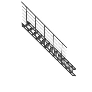 Fekete Minka Flex Grid kültéri lépcső horganyzott fémből, 12 csúszásmentes rácsos fokkal és korláttal.