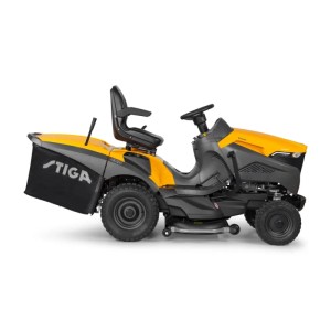 Sárga-szürke fűnyíró traktor fűgyűjtővel, Stiga.