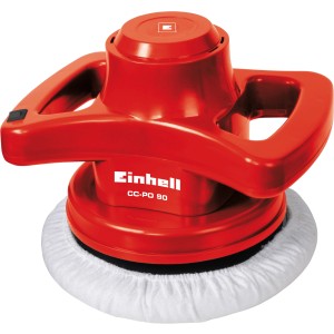 Piros Einhell CC-PO 90 autópolírozó polírozó tárcsával és textil polírozó burkolattal.