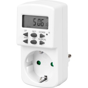 Digitális heti időzítő fehér színben, kijelzővel és gombokkal, otthoni automatizáláshoz.