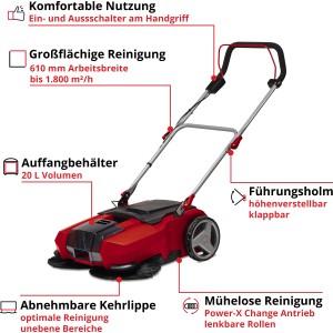 Einhell TE-SW 18/610 Li Solo akkumulátoros seprőgép: Piros-fekete seprőgép udvarokhoz és járdákhoz.