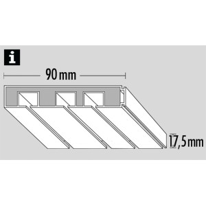 Részletes rajz a Gardinia 3-pályás függönysínről GE3 fehér, méretek: 90 mm széles, 17,5 mm magas.