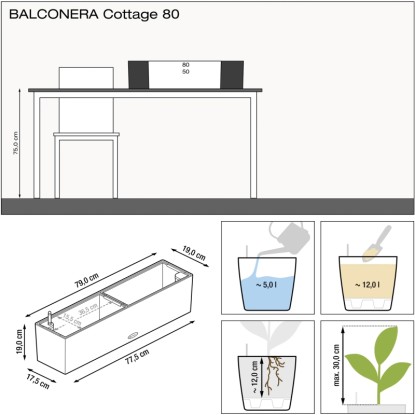 Lechuza Balconera Cottage 80, homokbarna, 79x19cm, méretekkel és töltési mennyiségekkel ellátott séma.