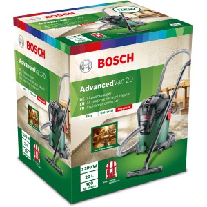 A Bosch AdvancedVac 20 nedves-száraz porszívó csomagolása. Erőteljes, univerzális porszívó.