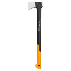 Fiskars X25 hasító fejsze fekete nyéllel és narancssárga markolattal. Ideális kerti munkákhoz.