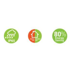 Az iDual LED kültéri lámpa Diana ikonjai: IP65, beltéri és kültéri használat, 80% energiamegtakarítás.