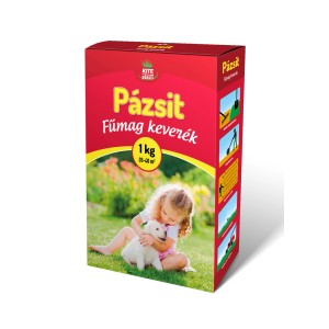 t.b.t. Fűmagok (fűmag) csomagolás gyerekkel és kutyával a gyepen.