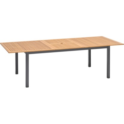 Téglalap alakú, barna Bonlee kerti asztal FSC® fából, 180x100 cm, napernyő nyílással.