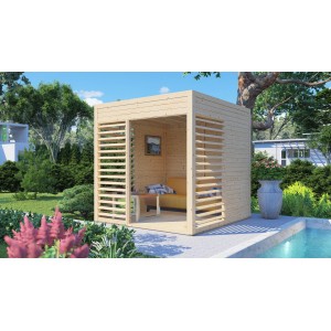 Bertilo fa kerti pavilon lounge, 234x226 cm, léckerítéssel a kertben.