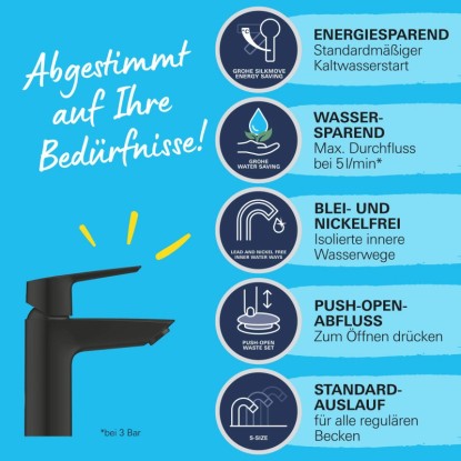 Grohe QuickFix Start S fekete mosdócsaptelep: Részletes nézet a funkciók kiemelésével.