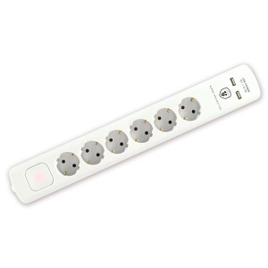 Fehér t.b.t. asztali elosztó 6 Schuko aljzattal és 2 USB porttal.