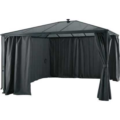 Antracit színű New Harmony pavilon 300x360 cm oldalfalakkal és polikarbonát tetővel.