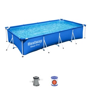 Kék Bestway Frame Pool Steel Pro medence, 400x211x81 cm, szögletes. Acélvázas medence szivattyú nélkül.