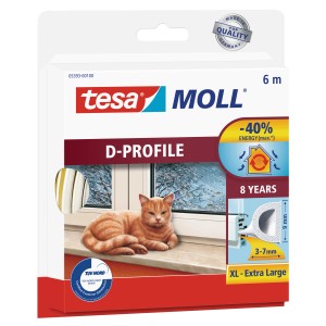 Tesamoll® D-profil gumi tömítés csomagolása, 6 m, fehér, ajtó- és ablaktömítésekhez.